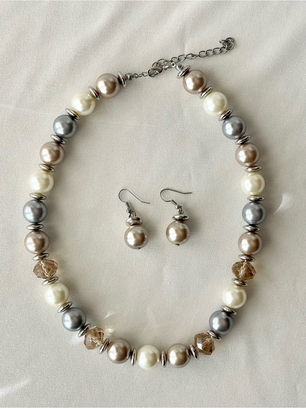 Silver Cream Champagne Chunky Pearl Necklace & Earrings Set